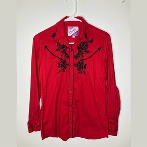 This is a red button down shirt.